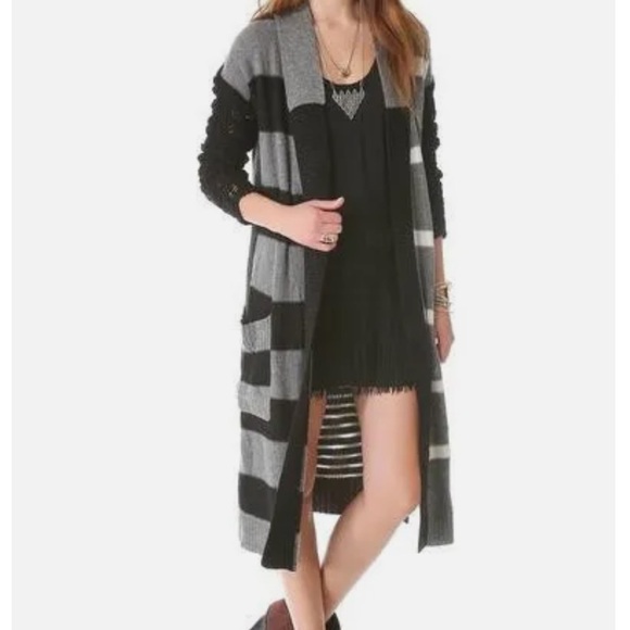 Free People Sweaters - Free People Graphic Flower Long Cardigan Grey/Black combo